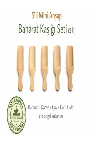 5 Li Mini Doğal Ahşap Baharat Kaşığı Seti Açık Ahşap