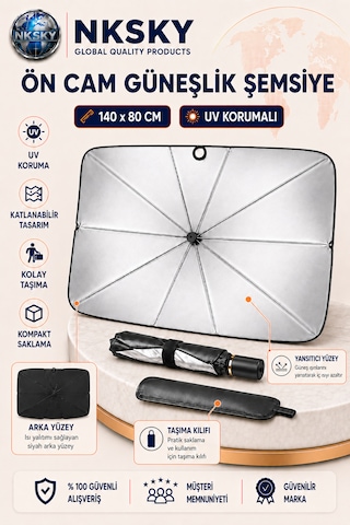 Nksky 1. Kalite Araba Ön Cam Güneşlik Şemsiye 80x140 Cm Katlanabilir Oto Cam Güneşliği Araç Güneş Koruyucu
