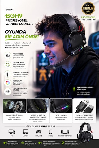 Rgb Işıklı Gaming Kulaklık 40mm Sürücü Omnidirectional Mikrofon 2m Kablo Usb-type-c Girişli