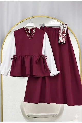 Lovie Moda Kadın Kolu Büzgülü Etekli Takım - Bordo