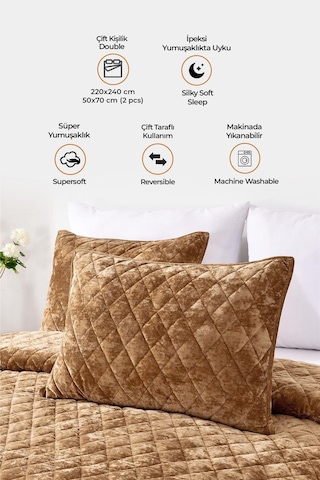 Evlen Home Kapitone Kadife Yatak Örtüsü Seti Çift Kişilik Supersoft 3 Parça Yumuşak Elyaf Dolgulu Kahve Kahverengi