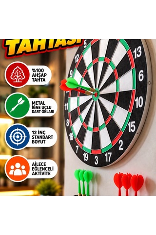 12 İnç Ahşap Dart Tahtası Seti Metal İğne Uçlu Dart Okları