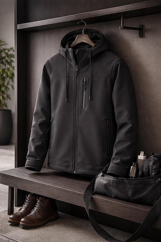 Vatan Tekstil Erkek Slim Fit Softshell Kapüşonlu Erkek Mont Su İtici Rüzgar Geçirmez Gri