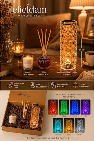 Yeni Ev, Doğum Günü, Özel Gün, Sevgiliye Hediye, Kristal Masa Lambası Soya Mum Ve Oda Kokulu Hediye Seti