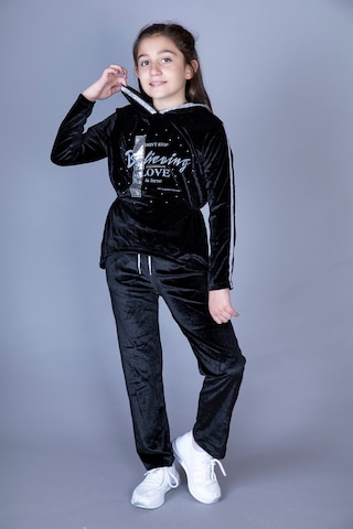 Toontoy Kız Çocuk 2'li Kadife Takım Baskılı Kapüşonlu Sweatshirt & Beli Lastikli Cepli Eşofman Altı - Şerit Detaylı Siyah