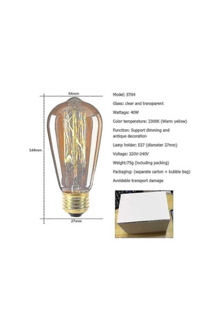 6 Adet Vintage Retro St64 E27 Edison Ampul, 40w Filament Ampul, Sıcak Beyaz - Sıcak Parıltılı Klasik Aydınlatma Diğer