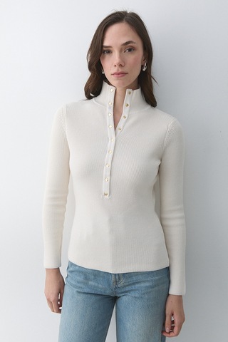 Krem Çıtçıtlı Boğazlı Kazak - 251037 Krem