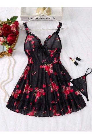 Albonishop Leopar Desenli V Yaka Mini Gecelik İle Siyah Gül Baskılı Transparan Babydoll İç Giyim Set Çok Renkli