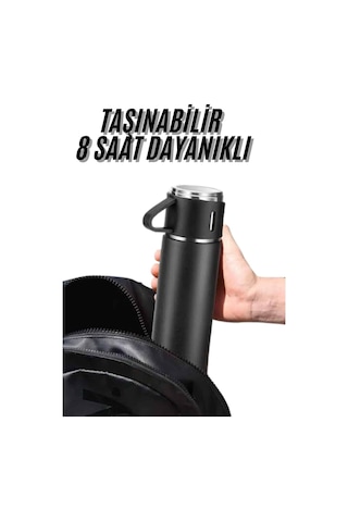 Termos Seti 3'lü Bardak Seti Isı Dayanıklı Siyah Paslanmaz Çelik Vakumlu Düz Renkli