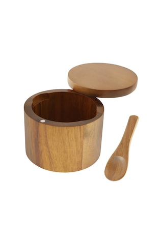 Fosenze Akasya Ahşap Baharat Depolama Kavanozu, Manyetik Döner Kapak Ve Kaşık İle Tuz-biber Veya Baharat Saklama Kutusu Ahşap Rengi
