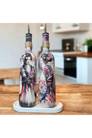 El Yapımı Japon Kadın Desenli Renkli 750 Ml Zeytinyağı Sıvıyağ Şi