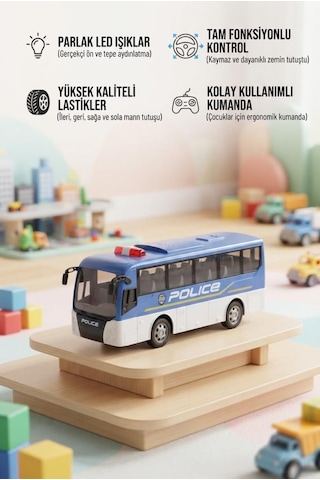 Led Farlı 4 Fonksiyonlu Uzaktan Kumandalı 1:30 Ölçekli Gerçekçi Tasarımlı Oyuncak Polis Otobüsü Çok Renkli