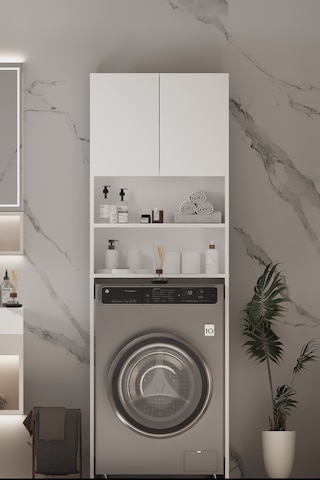 Plato Çamaşır Makinesi Dolabı 4 Raflı 2 Kapaklı Çamaşır Makinesi Dolabı Banyo Dolabı Beyaz