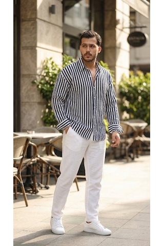 Veraura Lifestyle Erkek Dikey Çizgili Yarım Oversize Gömlek Lacivert