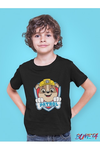 Bumeta Sarı Kasklı Kurtarıcı Rubble Paw Patrol Çocuk Tişört T-shirt Siyah