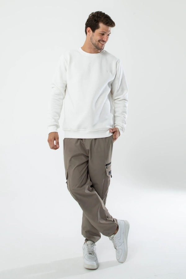 Yxc Trend Maker Erkek Pamuklu Içi Polarlı Nakışlı Relaxed Erkek Sweatshirt Tek Üst Beyaz