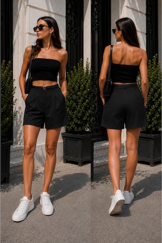 Winmoda34 Kadın Şehir Boyu Casual Şort 43 Cm Tam Boy Kemer Hediyeli Trend Model Siyah