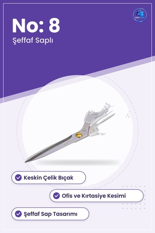 Şeffaf Saplı Makas No: 8 Kırtasiye Ofis Dikiş Kumaş Kesim Makası