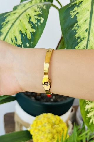 Allmisse Nazar Boncuklu Arpa Desenli Tuğra Detaylı Çelik Bileklik Altın