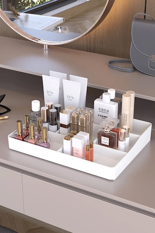 Maxi Home London Makyaj Organizer Kozmetik Düzenleyici Bölmeli Masaüstü Takı Ve Parfüm Düzenleyici Beyaz