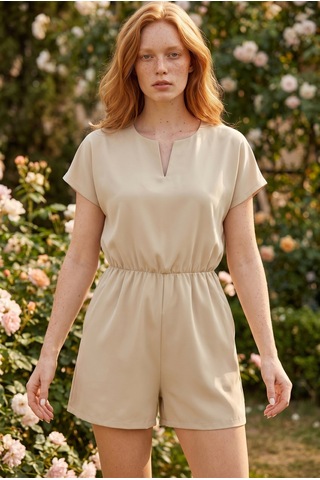 Soulshae Kısa Kollu V Yaka Beli Lastikli Kısa Tulum Bej