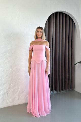 Livanomi Düşük Omuz Eteği Şifon Uzun Pembe Abiye Pembe