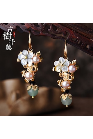 Wezone Zencefil Yeşili İpek Ve Siyah Mantar Boncuklu Klasik Çin Stili Uzun Küpe, Kadınlar İçin Modern Ve Dayanıklı Güzellik Aksesuarı Gold