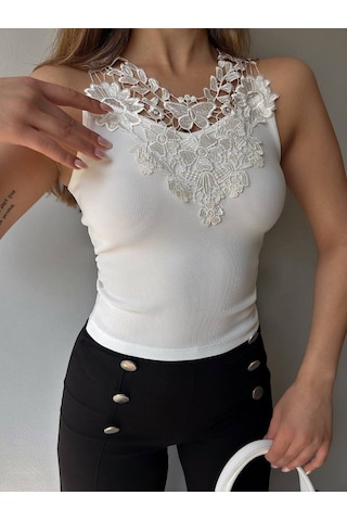 Gülsüm Aydın Kadın Ottoman Kumaş Dantel Detaylı Bluz Beyaz