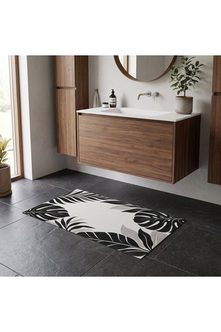 Kartela Halı Botanik Yaprak Desenli Banyo Paspası Siyah Beyaz Kaymaz Taban 60x90 Cm