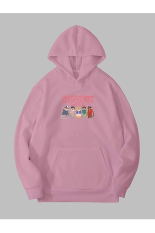 Harmandar Üç İplik Stranger Cats Baskılı Unisex Pembe Kanguru Cepli Kapüşonlu Sweatshirt Hoodie Strangercatspembesweat