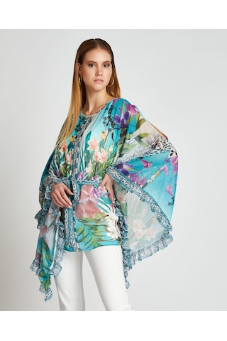 Kadın Desenli Kemerli Şifon Pareo Geniş Kollu Ve Akışkan Hafif Tasarım