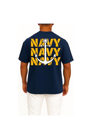 Bahriyeli Collection Oversize Trio Navy Anchor Göğüs Ve Sırt Baskılı Unisex T-shirt Lacivert