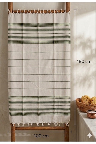 Pamuk Peştemal 100x180 Cm Çizgili Plaj Havlusu, Hamam Havlusu, Sauna Havlusu, Çok Amaçlı Kullanım Haki