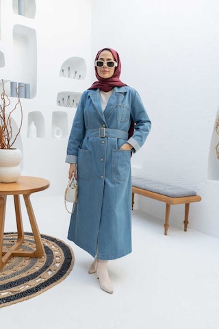 Neways 6655-kuşaklı Denim Ceket Mavi Mavi