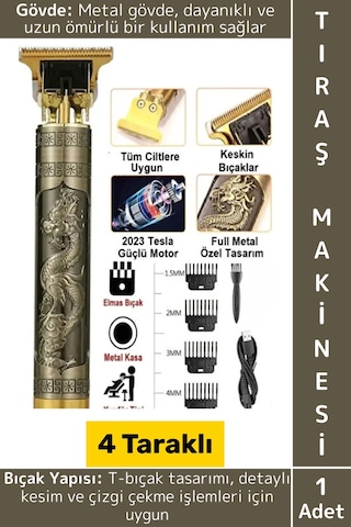 Premium T Bıçak 4 Taraklı Sakal Ense Çizik Şekillendirme Şık Tasarım Kablosuz Şarjlı Tıraş Makinesi 1 - 2 Saat