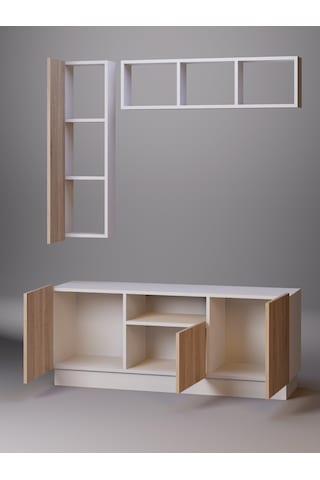 Detamob Lora Tv Ünitesi, Tv Sehpası Açık Raf Ve Dolabı, Beyaz/sonoma & Karbon Gri/sonoma Beyaz