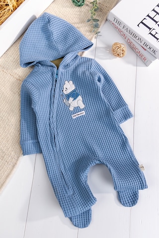 Babymod Kapişonlu Ayıcık Desenli 100% Pamuk Erkek Bebek Tulum mavi