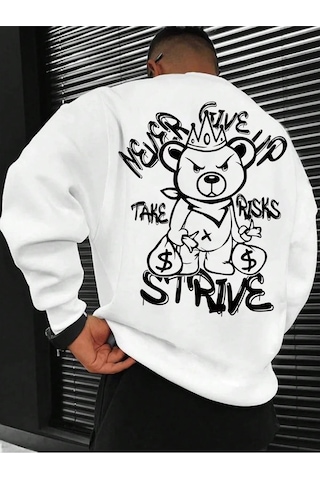 Startmore Plus Bear And Slogan Graphic Sweatshirt Beyaz Beyaz