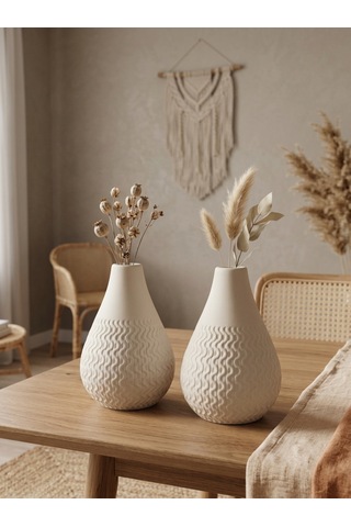Kaveld Vela 2'li El Yapımı Mermer Tozu Vazo, Armut Form Minimalist Kuru Çiçek Vazоsu Eskımısbeyaz