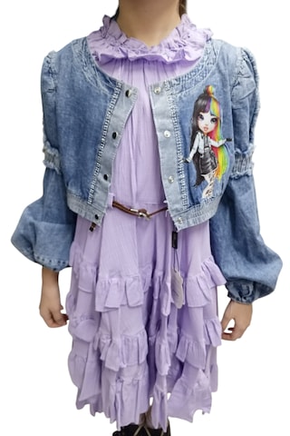 Kız Çocuk Yakası Fırfırlı Kot Ceket Lila Renk İkili Takım Elbise Lila