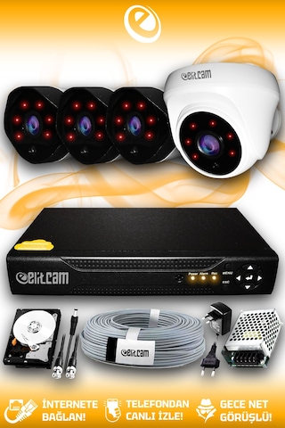 Elitcam 4 Kameralı Uzay 1 İç Kamera Set 2 TB HDD Full HD Gece Görüşlü Güvenlik Kamerası Sistemi