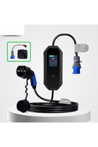 7 Kw 32A Tip-2 3X32A Fiş Monofaze Çantalı Dönüştürücü Kablolu Elektrikli Araba Taşınabilir Şarj Istasyonu 5 M Türkçe