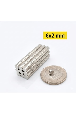 Yuvarlak Neodyum Güçlü Mıknatıs Çap 6mm Kalınlık 2mm 6mm X 2mm 100 Adet