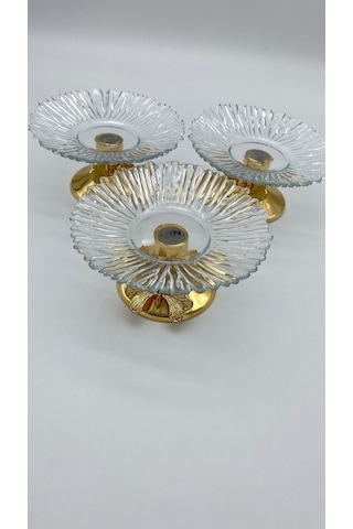 3'lü Kelebek Ayaklı Gold Cam Lokumluk, Şekerlik, Çerezlik, Kahve Yanı Sunumluk 13cm Gold