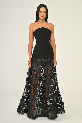 Krep Eteği 3 Boyutlu Tül Uzun Abiye Elbise Alfa Beta B7067 Siyah - Siyah