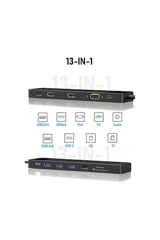Lemorele Tc200, 13 İn 1 Type-c Hub Docking Çoklayıcı Çift Hdmı Vga Ethernet Rj45 100w Pd Şarj Usb Çoğaltıcı