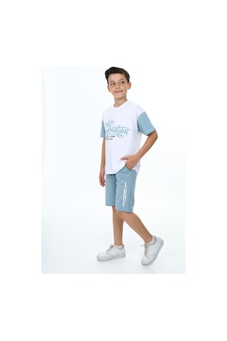 Erkek Çocuk Kısa Kollu Yazı Baskılı Şortlu Takım-5890-Mavi