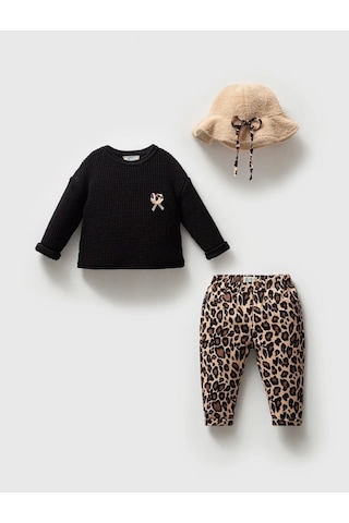 Noynoy Baby Kız Bebek Leopar Desenli 3'lü Takım Noy-9349 Siyah
