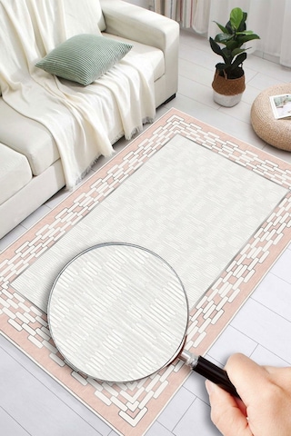 Çerçeveli Modern Kaymaz Taban Makinede Yıkanabilir Halı Oturma Odası Salon Halı Koridor Halı Pembe