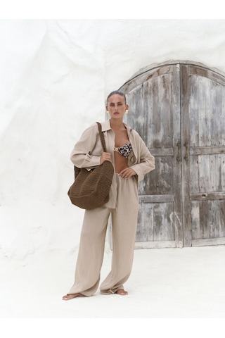 Mai Collection Mai Studios Co. Jelsomina Oversize Bej Keten Gömlek Pantolon Takım Bej
